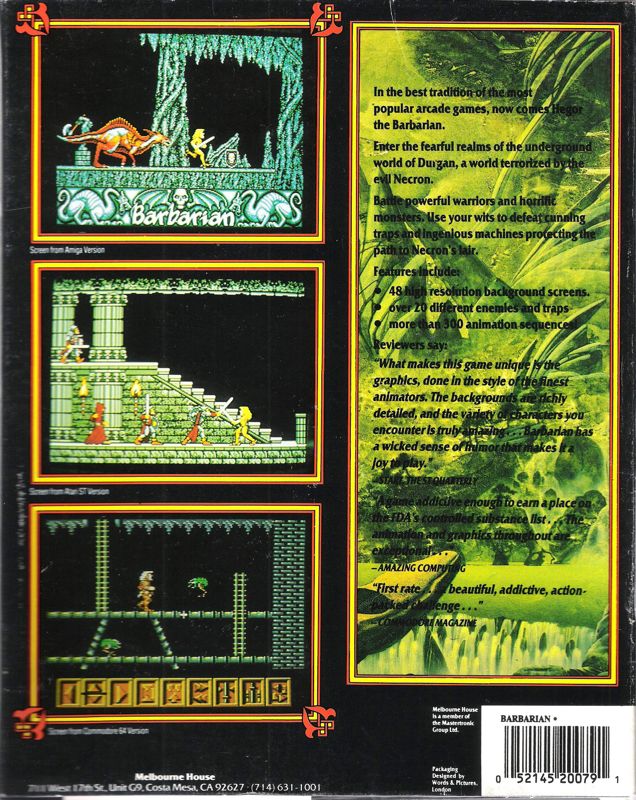 Back Cover for Barbarian (DOS) (3.5" release)