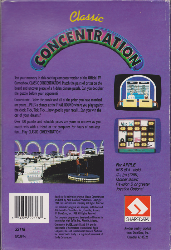 Back Cover for Classic Concentration (Apple II)