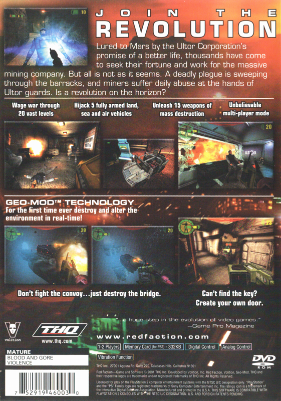 Back Cover for Red Faction (PlayStation 2) (Greatest Hits release)