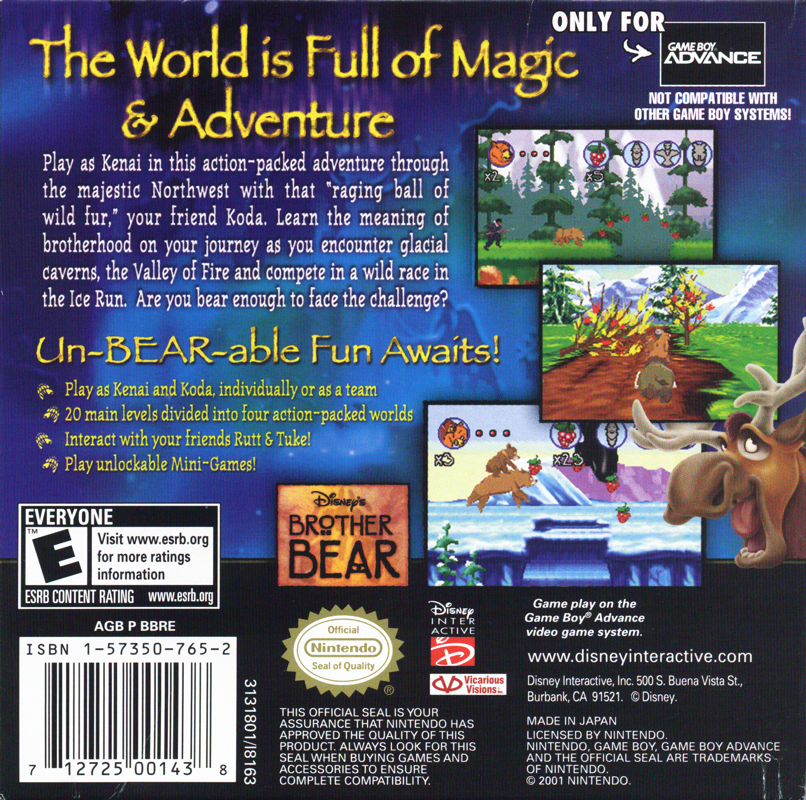 Back Cover for Disney's Brother Bear (Game Boy Advance)