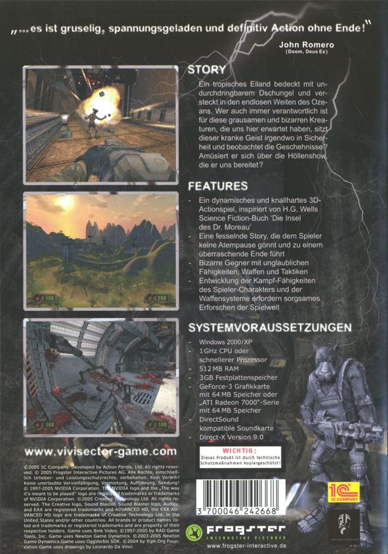 Back Cover for Vivisector: Beast Within (Windows)
