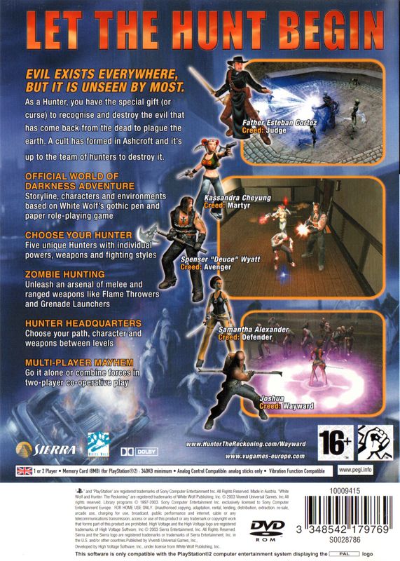 Back Cover for Hunter: The Reckoning - Wayward (PlayStation 2)