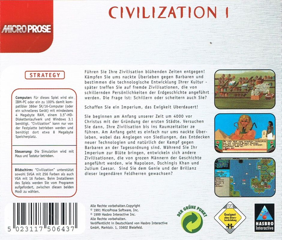 Back Cover for Sid Meier's Civilization (DOS) (Hasbro Interactive Classics release)
