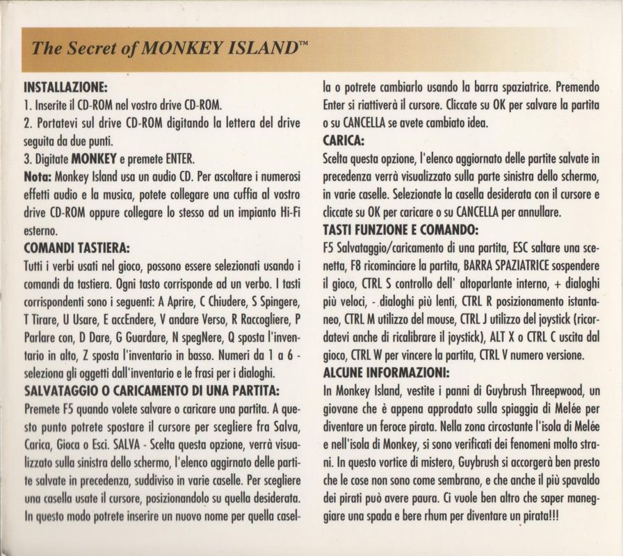 Inside Cover for The Secret of Monkey Island (DOS) (Collezione CD-ROM by C.T.O. #5 (Black Label Series))