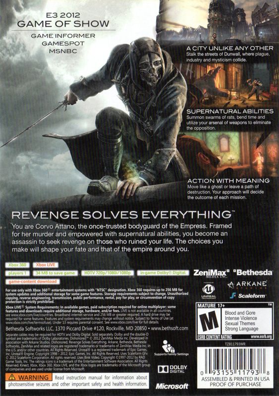 Back Cover for Dishonored (Xbox 360)