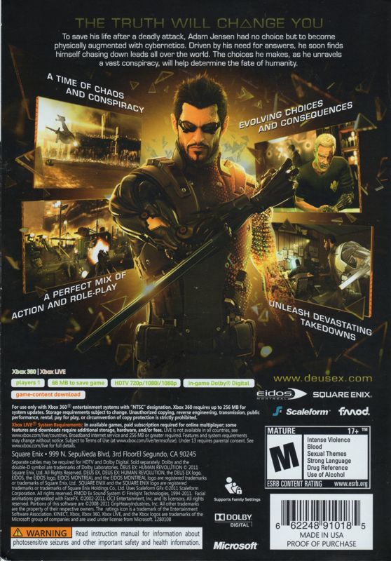 Back Cover for Deus Ex: Human Revolution (Xbox 360)