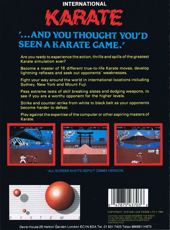 Back Cover for World Karate Championship (Atari 8-bit and Commodore 64)