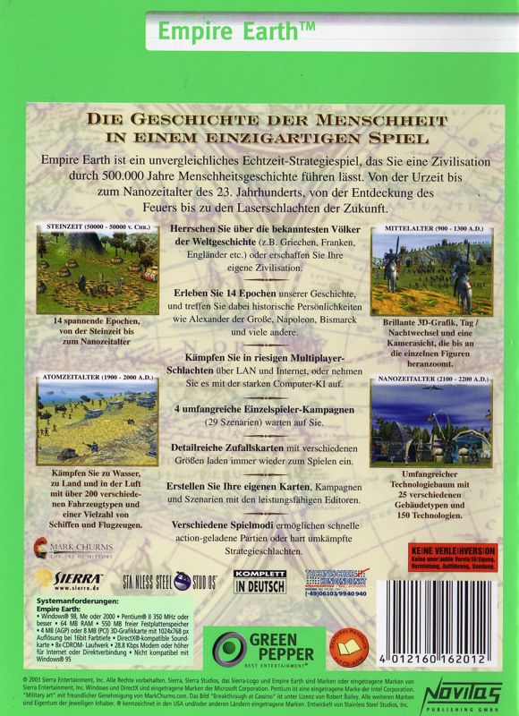 Back Cover for Empire Earth (Windows) (Green Pepper release)