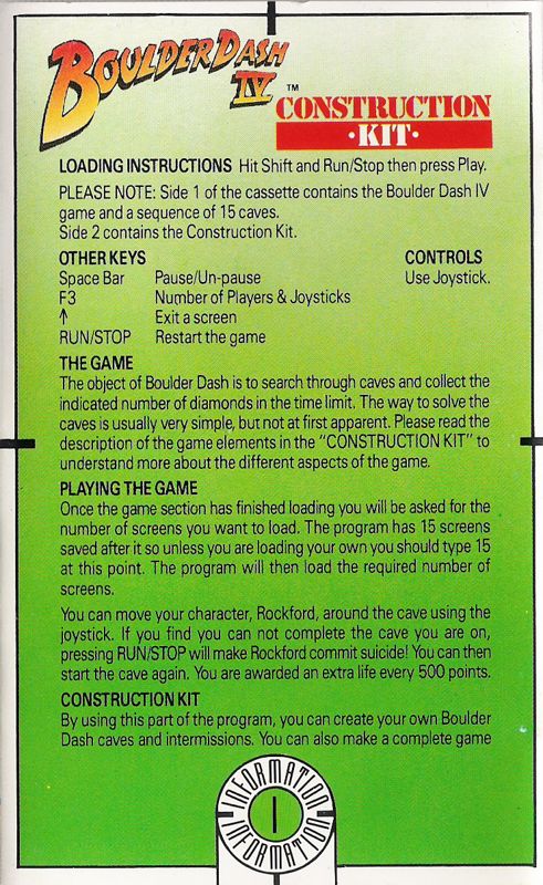 Inside Cover for Boulder Dash: Construction Kit (Commodore 64) (Hi-Tec Software release)