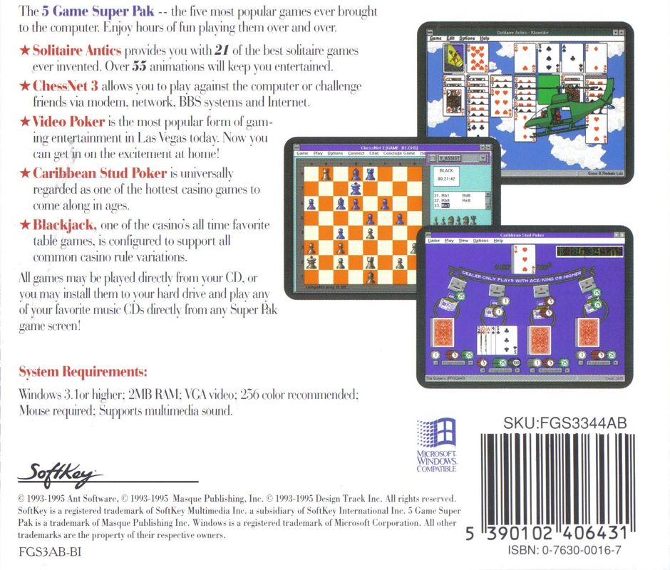 Back Cover for 5-Game Super Pak (Windows 3.x)