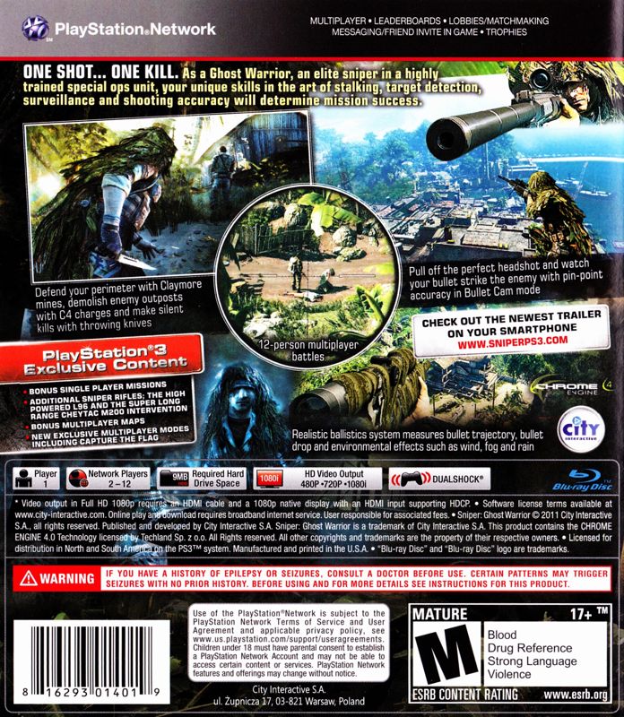 Back Cover for Sniper: Ghost Warrior (PlayStation 3)