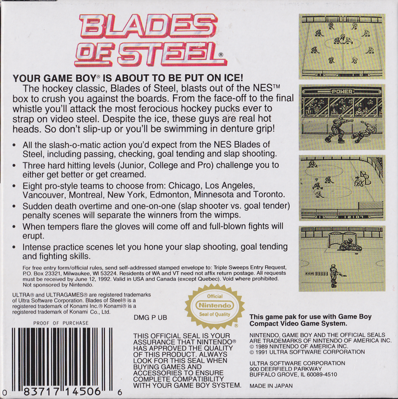 Back Cover for Blades of Steel (Game Boy)