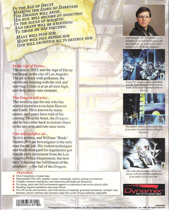 Back Cover for Rise of the Dragon (DOS) (Dual Media Release (16 Colors version, alternate disk sticker prints))