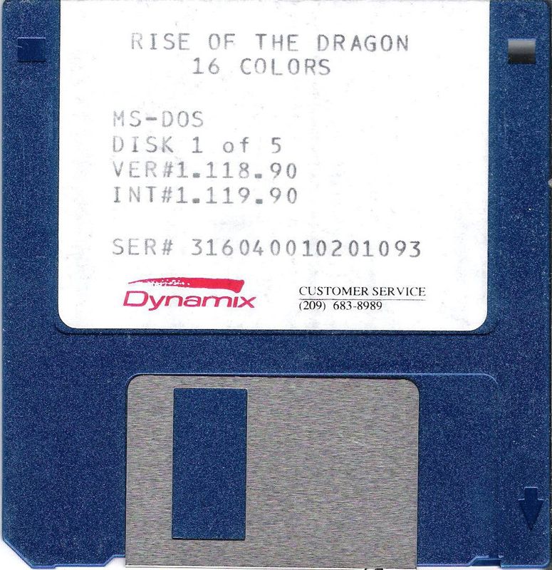 Media for Rise of the Dragon (DOS) (Dual Media Release (16 Colors version, alternate disk sticker prints)): 3.5" Disk (1/5)