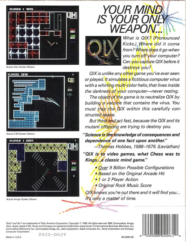 Back Cover for QIX (DOS) (Original Release with 5.25" (0425-0429))