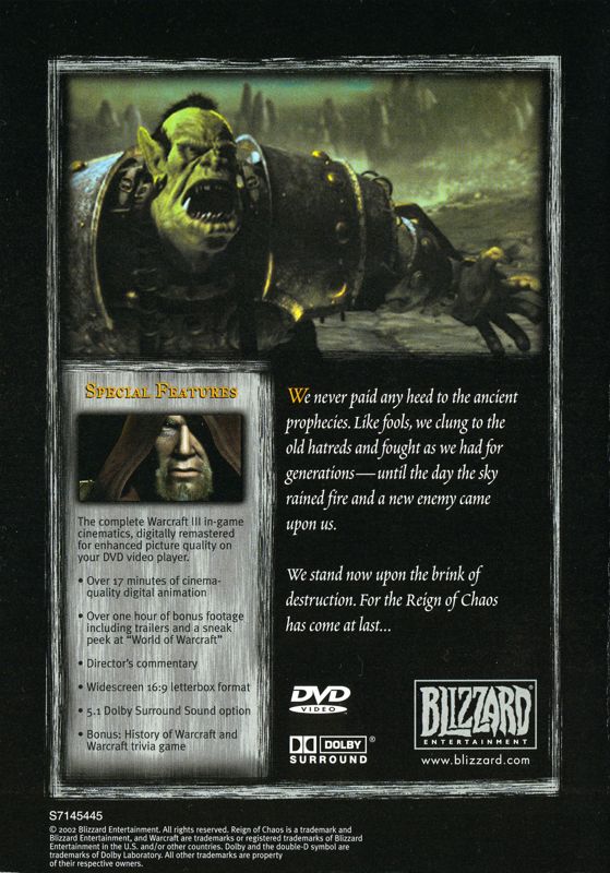 Extras for WarCraft III: Reign of Chaos (Collector's Edition) (Windows): Movie DVD - Keep Case - Back