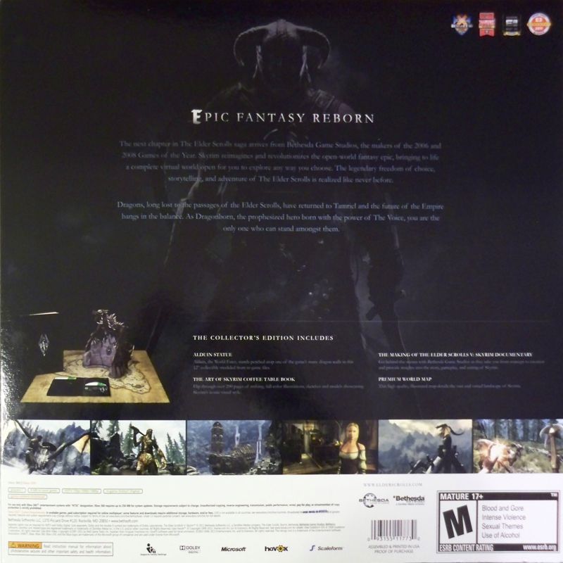 Back Cover for The Elder Scrolls V: Skyrim (Collector's Edition) (Xbox 360)