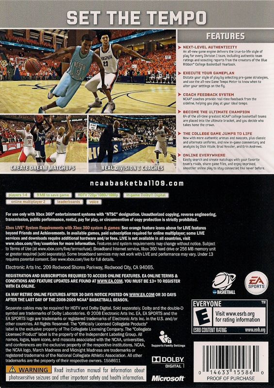 Back Cover for NCAA Basketball 09 (Xbox 360)