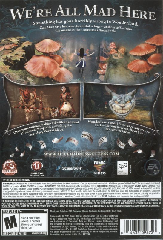 Back Cover for Alice: Madness Returns (Windows)