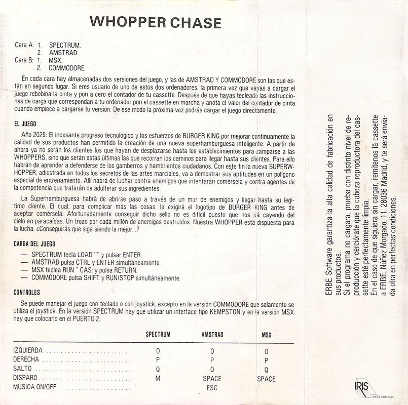 Inside Cover for Whopper Chase (Amstrad CPC and Commodore 64 and MSX and ZX Spectrum)