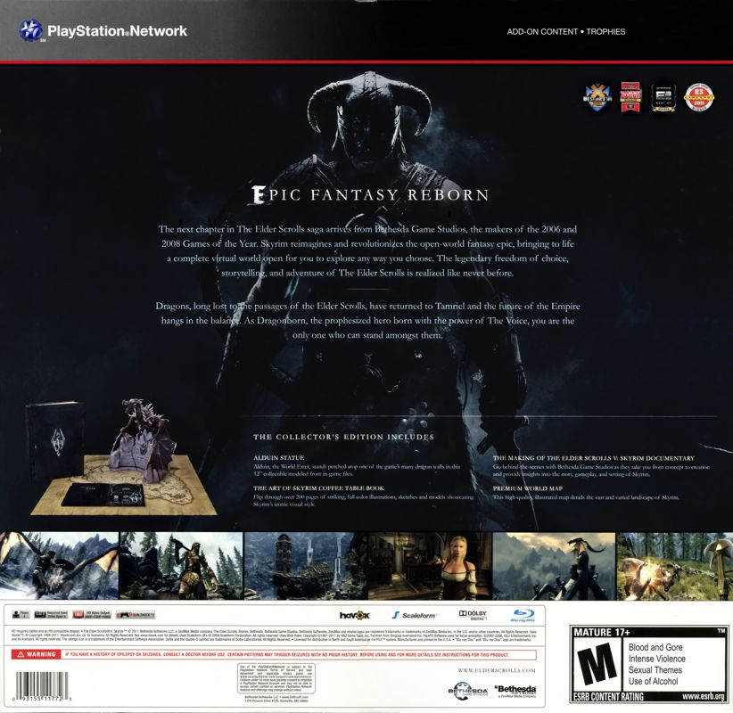Back Cover for The Elder Scrolls V: Skyrim (Collector's Edition) (PlayStation 3)