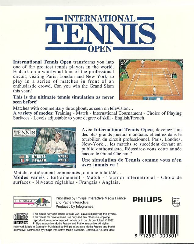 Back Cover for International Tennis Open (CD-i) (Single player version)