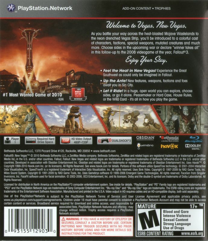 Back Cover for Fallout: New Vegas (PlayStation 3)
