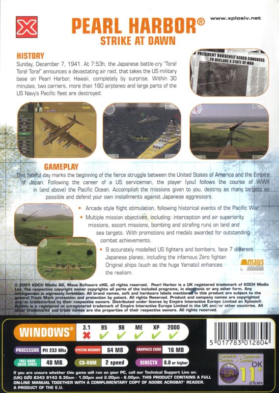 Back Cover for Pearl Harbor: Strike at Dawn (Windows) (Xplosiv release)