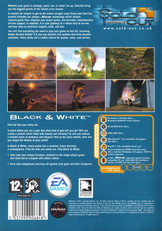 Back Cover for Black & White (Windows) (Sold Out Software release)