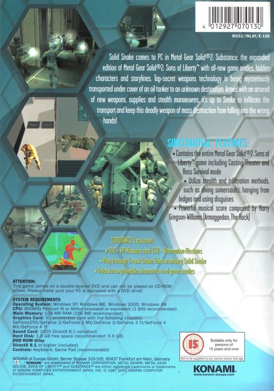 Back Cover for Metal Gear Solid 2: Substance (Windows) (Without VET rating)