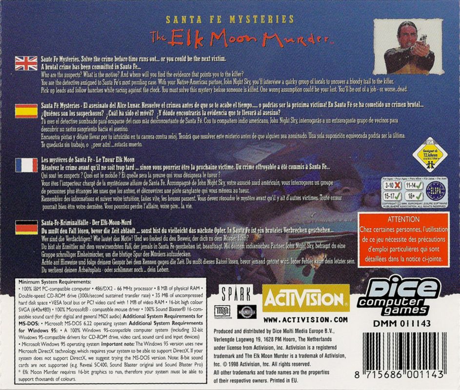 Other for Santa Fe Mysteries: The Elk Moon Murder (DOS and Windows) (Dice Computer Games release): Jewel Case - Back