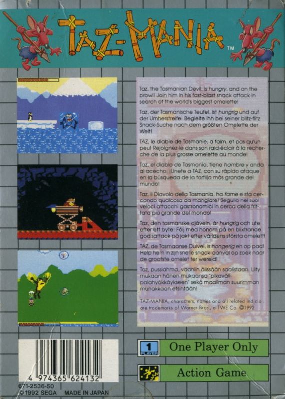 Back Cover for Taz-Mania (Game Gear)
