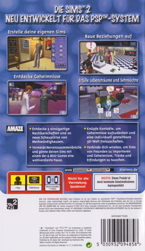 Back Cover for The Sims 2 (PSP) (PSP Essentials release)