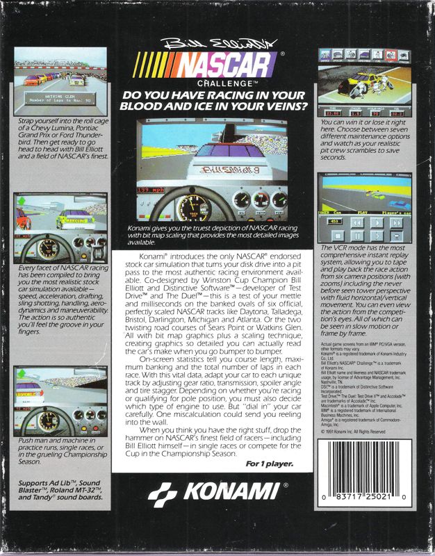 Back Cover for Bill Elliott's NASCAR Challenge (DOS) (Dual Media Release (Re-released in 1992))