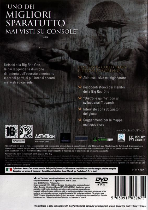 Back Cover for Call of Duty 2: Big Red One (Collector's Edition) (PlayStation 2)