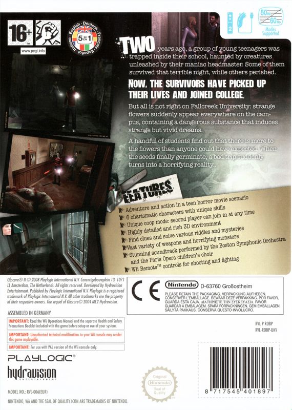 Back Cover for Obscure: The Aftermath (Wii)