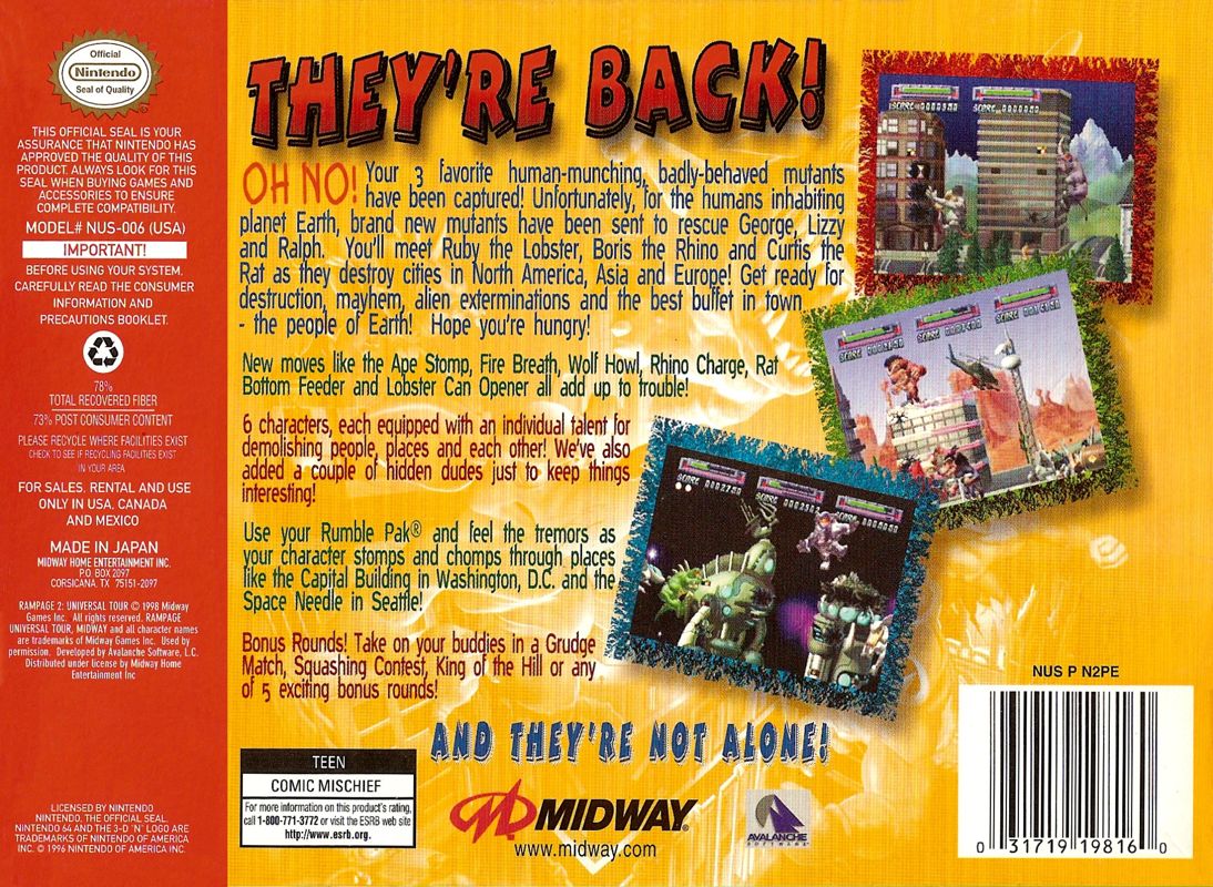 Back Cover for Rampage 2: Universal Tour (Nintendo 64)