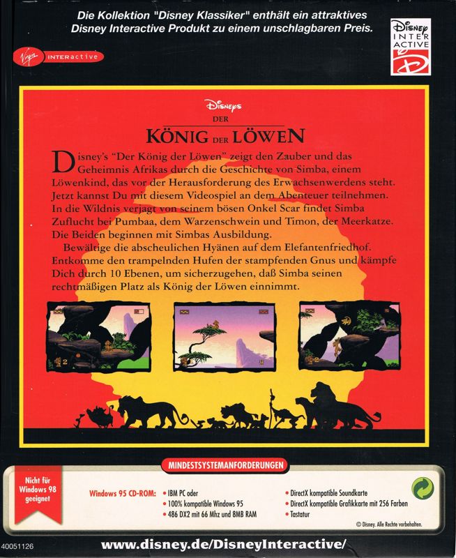 Back Cover for The Lion King (Windows) (Disney Klassiker release)