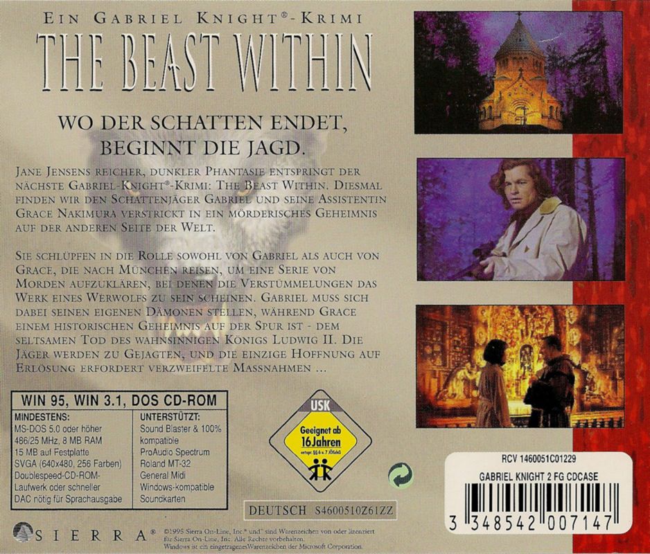 Other for The Beast Within: A Gabriel Knight Mystery (DOS and Windows and Windows 3.x) (English version with German manual (censored)): Jewel Case - Back