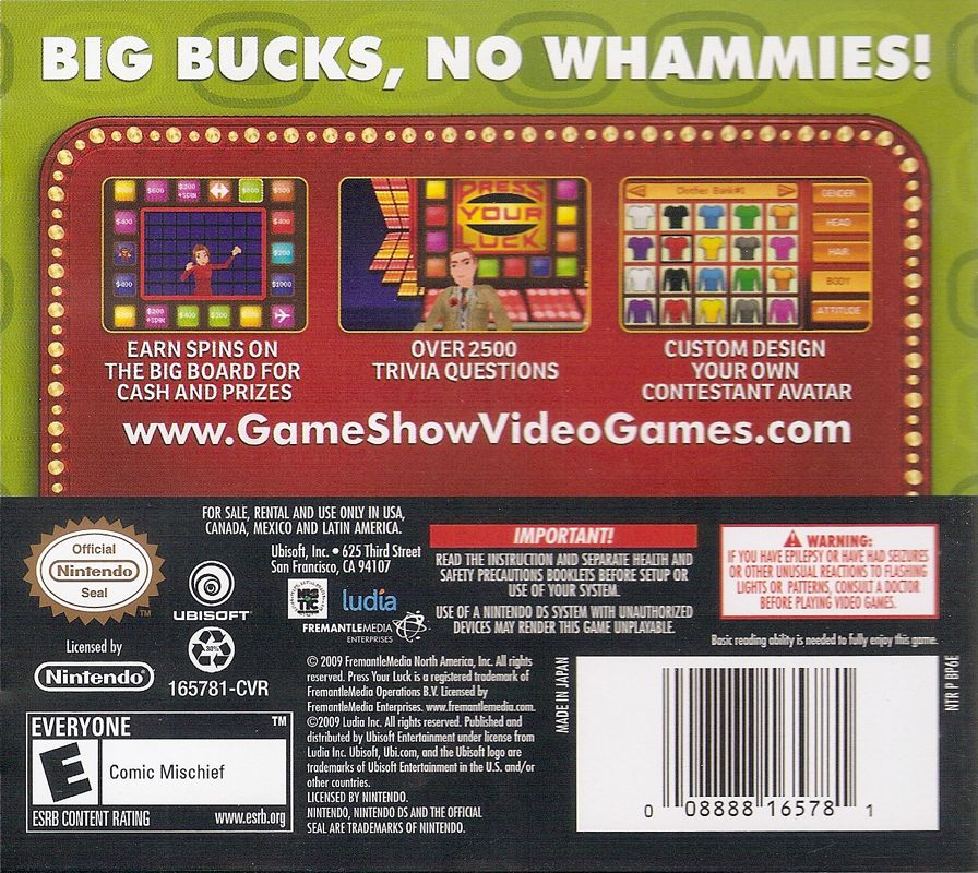 Back Cover for Press Your Luck: 2010 Edition (Nintendo DS)