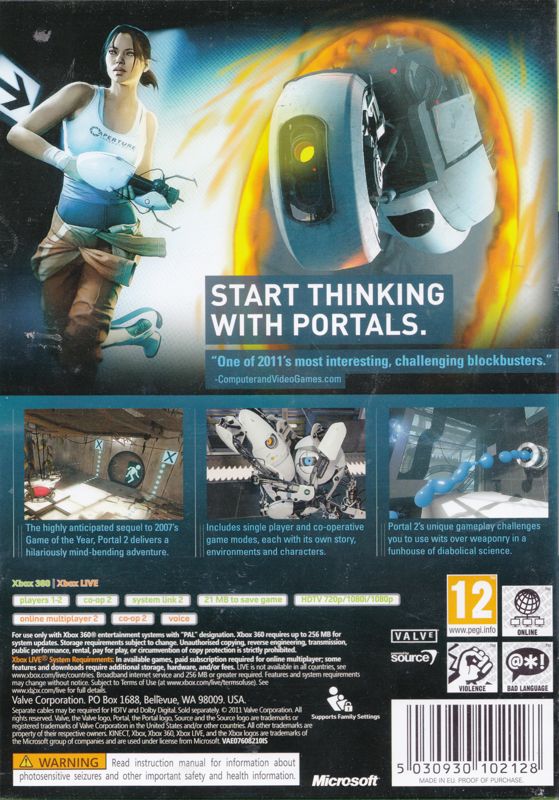 Back Cover for Portal 2 (Xbox 360)