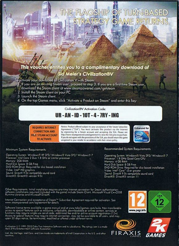 Back Cover for Sid Meier's Civilization V (Macintosh and Windows) (OEM voucher card)