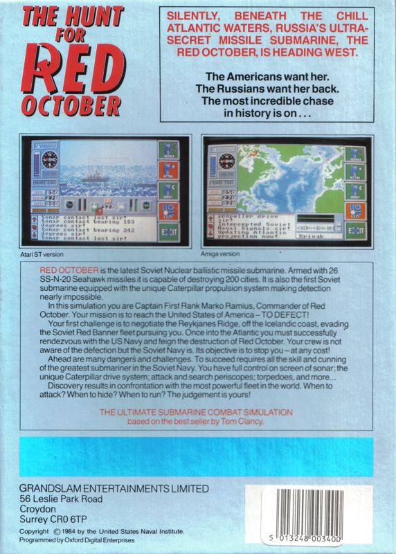 Back Cover for The Hunt for Red October (Commodore 64) (Special promotion Pack)