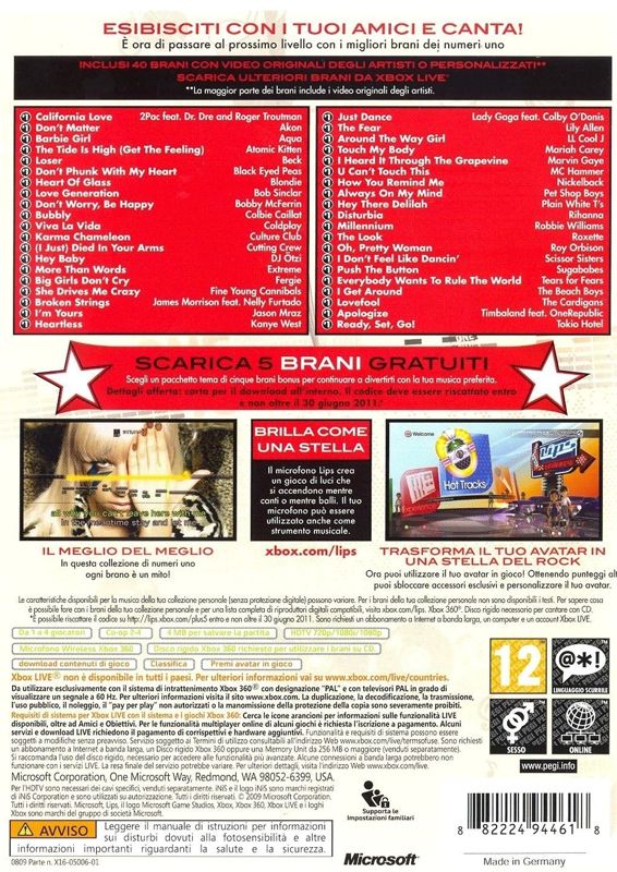 Back Cover for Lips: Number One Hits (Xbox 360)