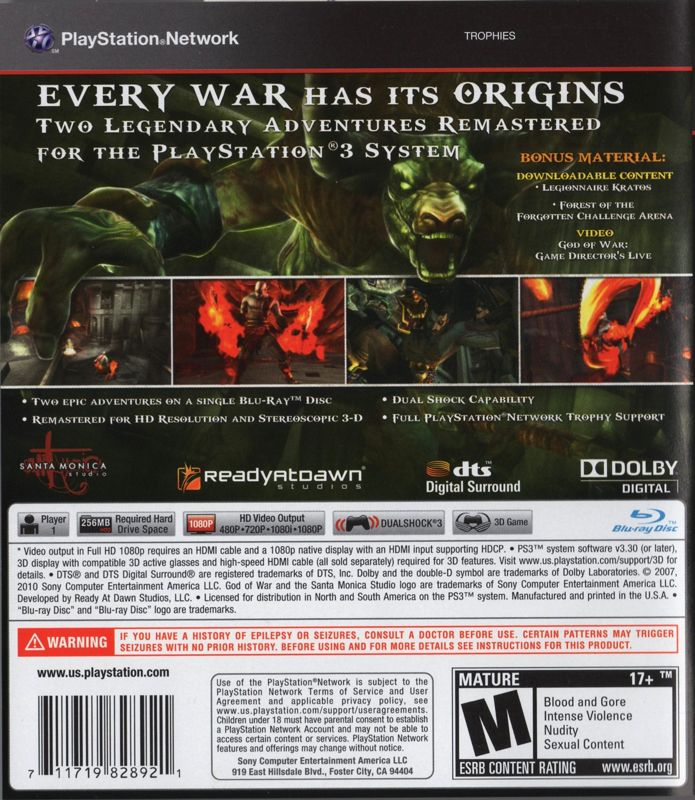 Back Cover for God of War: Origins Collection (PlayStation 3)