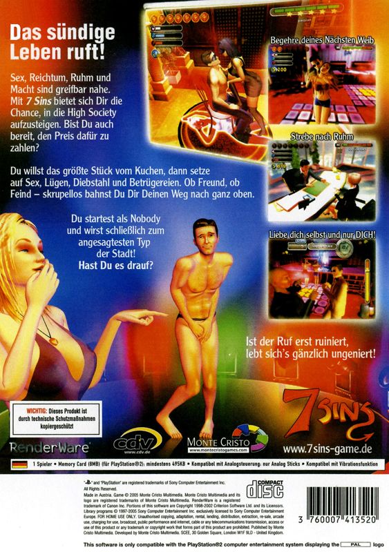 Back Cover for 7 Sins (PlayStation 2)