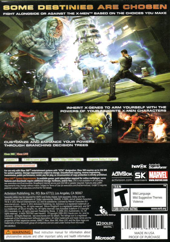 Back Cover for X-Men: Destiny (Xbox 360)