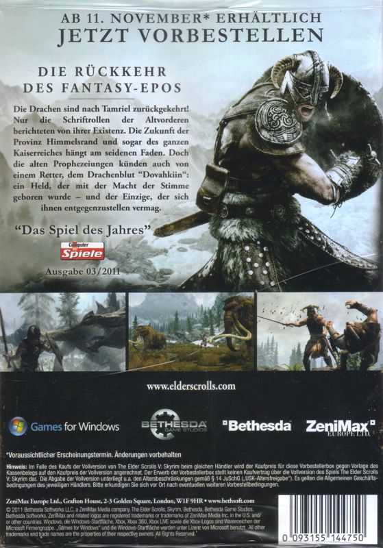 Back Cover for The Elder Scrolls V: Skyrim (Windows) (Pre-order package)