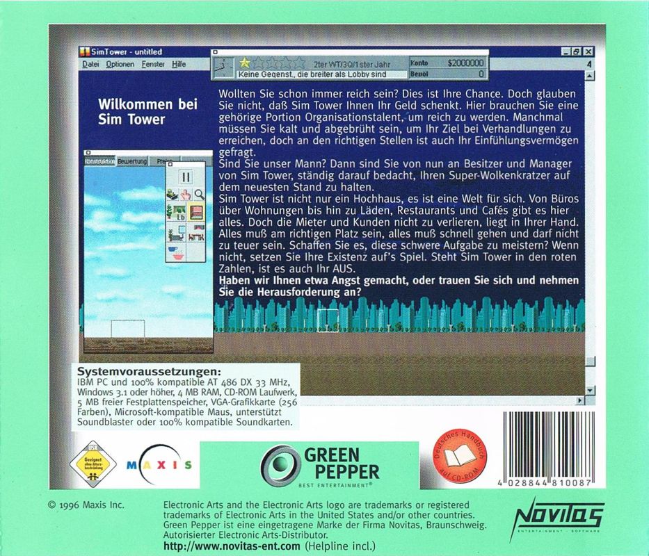 Back Cover for SimTower: The Vertical Empire (Windows 3.x) (Green Pepper release)