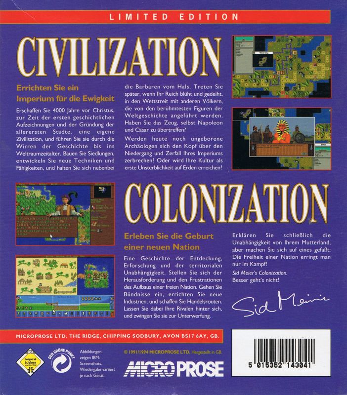 Back Cover for Microprose Limited Edition: Civilization + Colonization (DOS)